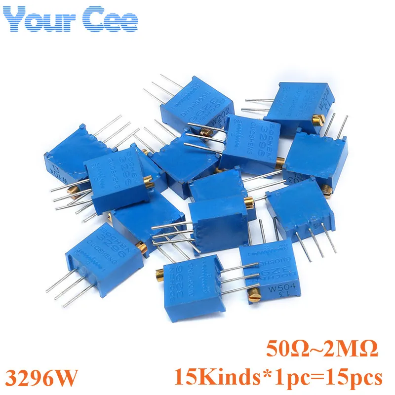 15pcs 3296W 3296 50 100 200 500 1K 2K 5K 10K 20K 50K 100K 200K 500K 1M 2M ohm 101 Trimpot Trimmer Potentiometer Kit 15kinds*1pc