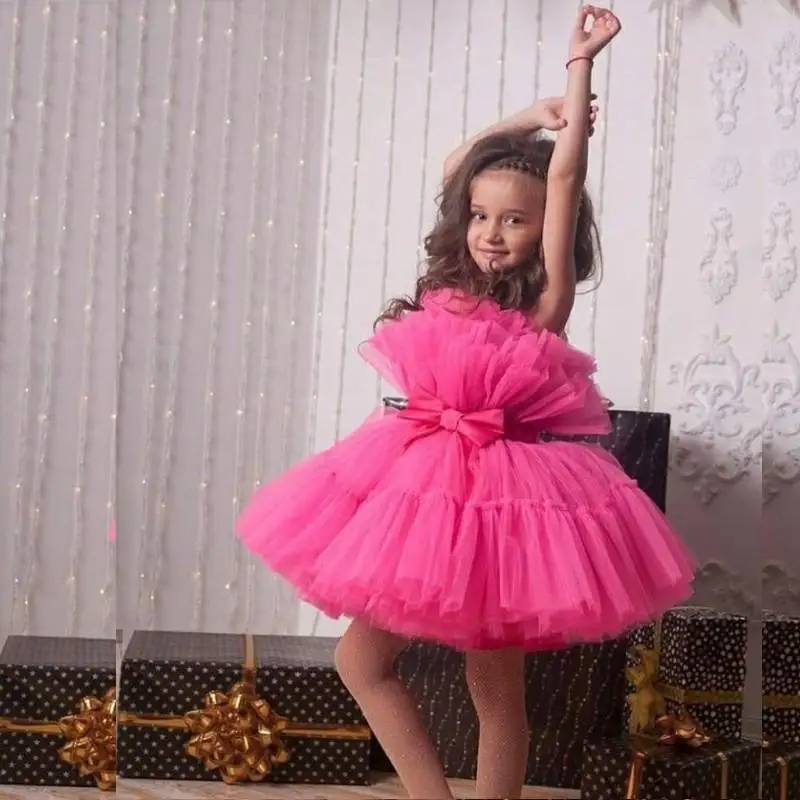 COCOMYLODY-vestidos de flores fucsia para niña, traje corto de tul hinchado con lazo y faja para fiesta de cumpleaños y comunión