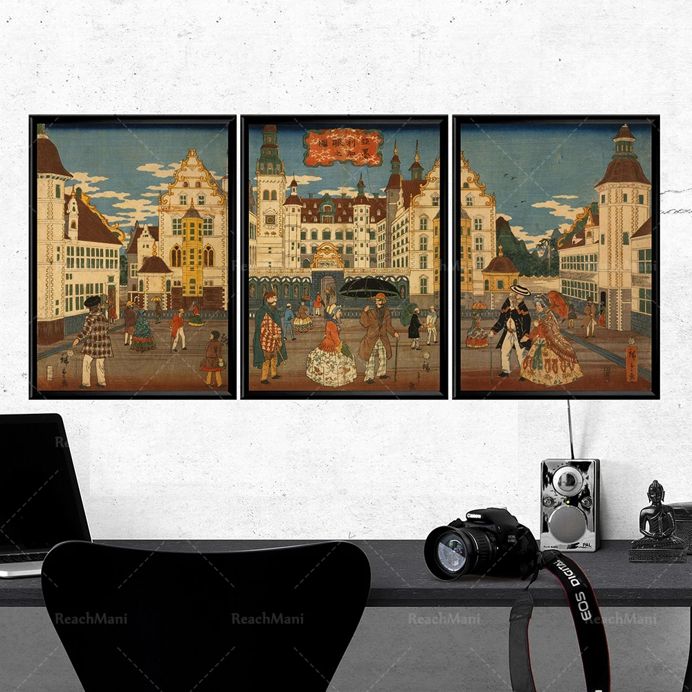 Triptyque japonais Old Urban Architecture Affiches Retro American City Square Antique Architecture Japanese Wall Poster