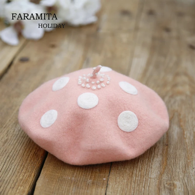 Faramita Holiday Pink Mashroom Women Baby Cute Handmade Wool Berets French Beret Painter Hats New Arrival Caps Parents-child