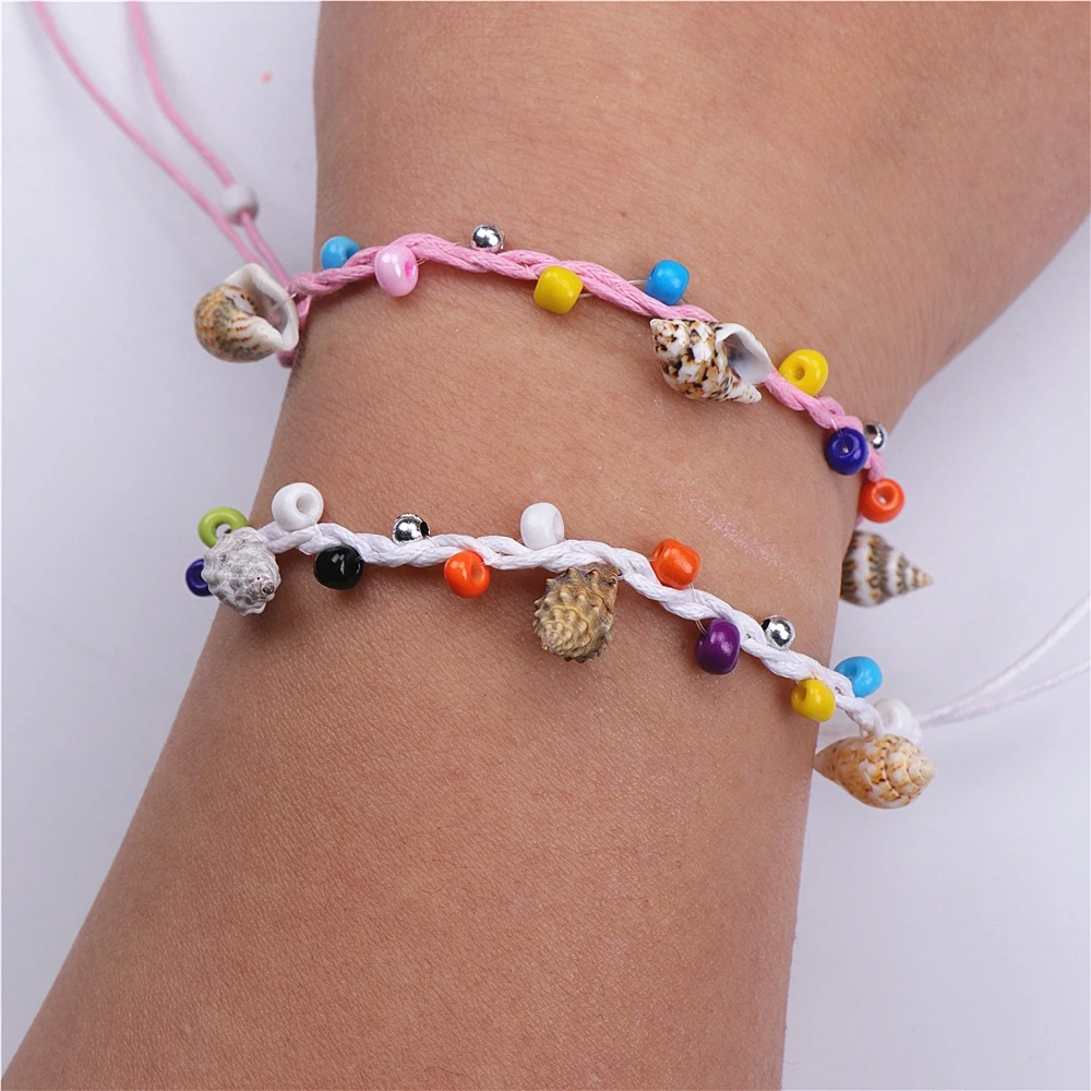 Wholesale Bulk Lots 50pcs Conch Shell Handmade Braided Cotton Rope Jewelry Cuff Bracelet For Women Mix Style Size Adjustable