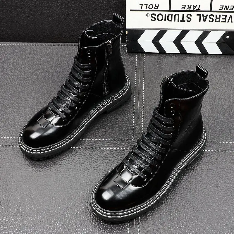 men fashion stage nightclub high motorcycle boots lace-up black red shoes cowboy genuine leather boot handsome platform botas