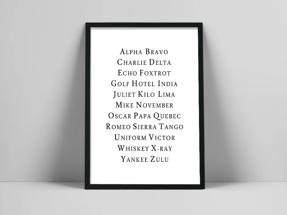 Phonetic Alphabet NATO Poster in Black, Pilot Aviation Gift, Printable Wall Art, Office Decor, Boy Bedroom Poster
