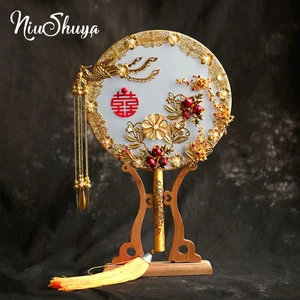NiuShuya Elegant Jewelry Wedding Bouquet Silk 3D Fan Pomegranate Red Bead Golden Phoenix Metal Round Hand Flower Fan for Bridal