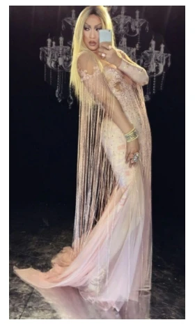 

Modern dance Pink Tassel Long Dress Women Stage Dance fringes Birthday Dress Nightclub Party Female Singer Costume Evening