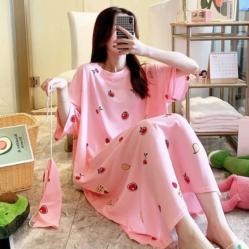 Plus size 6XL 150KG Long Night Dress Short Sleeve Women O-Neck Cartoon Printed Sleepwear Casual Oversized Summer Home Dress