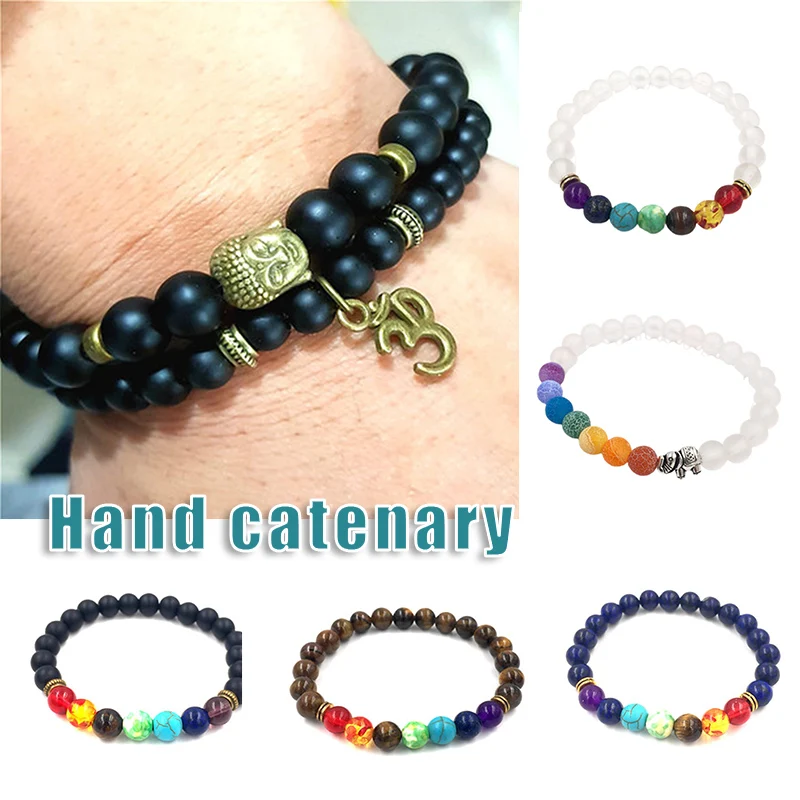 7 Chakra Bracelet 8mm Black Frosted Bracelet 3D Buddhas Head + Energy Stone Colorful Buddhist Bead Bracelet Women Men LL@17