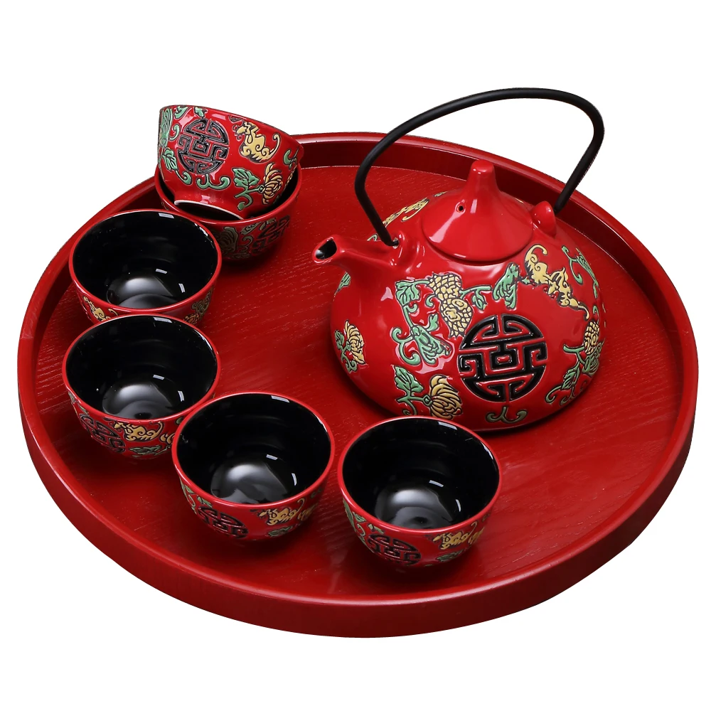 China Red Ceramic Tea Set Home Teapot 6 Teacups Kung Fu Black Tea Jin Jun Mei Teaware Creative Wedding New Wedding Gift Box