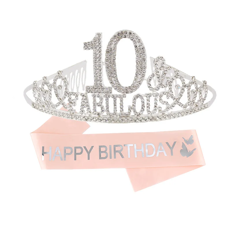 Birthday  Digital Crown With Sash Set Crystal Letter Hair Hoop  Party Headdress