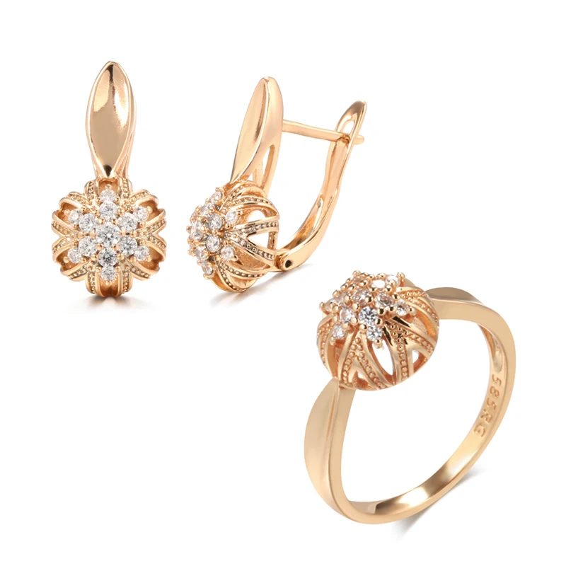 Kinel Luxury 585 Rose Gold Earrings Ring Sets For Women Natural Zircon Hollow Flowers Earrings Beautiful Wedding Jewelry Sets