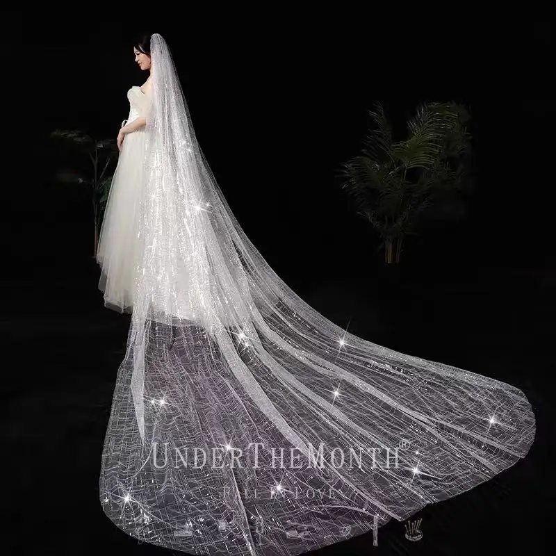 Korean Style Wedding Lace Veil Sexy Forest Series 3.5 Meter White Long One Tier Bridal Dresses Veil Applique Tulle With Comb