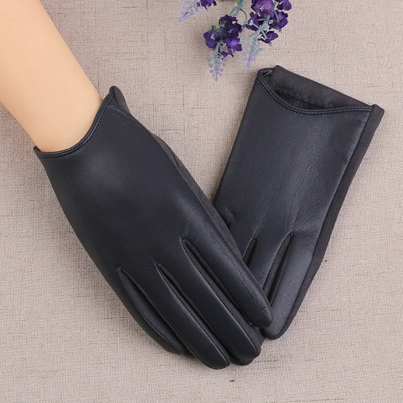 Women\'s leather gloves winter plus velvet thickened touch screen winter riding driving washed leather bike warmth and thin J26