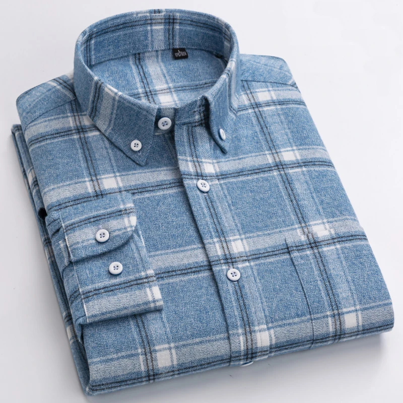 Casual Shirts Cotton Thick Men\'s Long Sleeves Plaid Shirt 100% Cotton Flannel Comfortable Button-down Shirts With Left Pocket