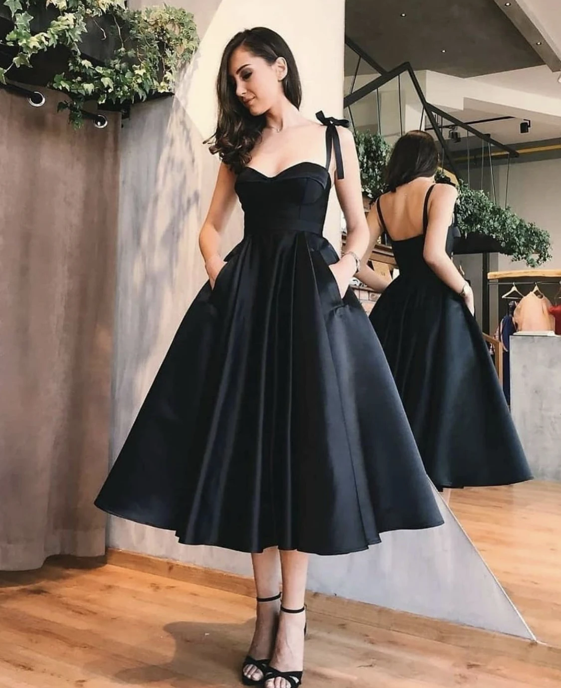 Vestido de noite preto, linha a, alças espaguete, sem mangas, bolsos traseiros, cetim, chá, festa formal, vestido de baile