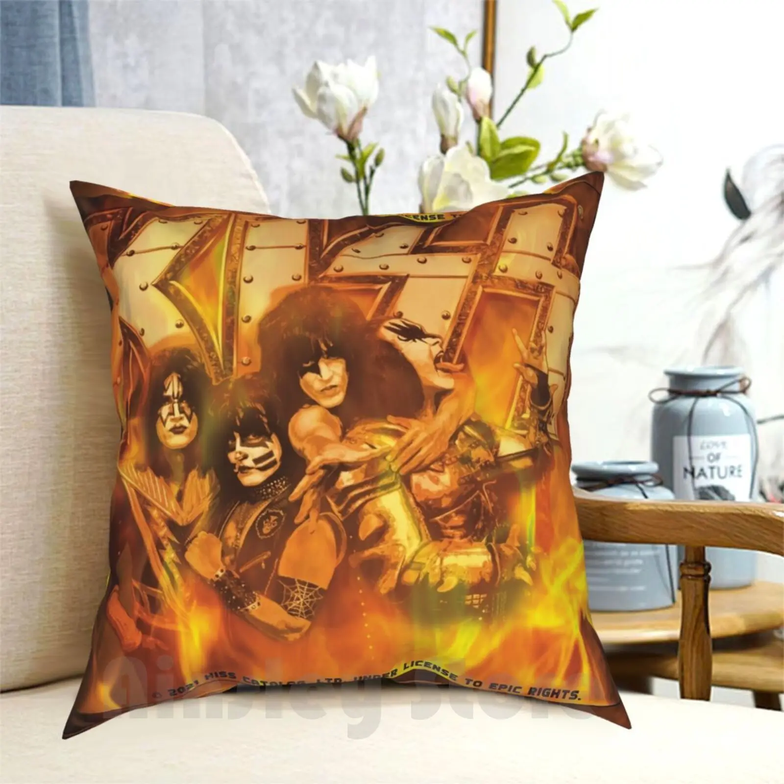 Kiss The Band | Fanart | Kiss Destroyer | Burning Kiss Design Statue Pillow Case Printed Home Soft Throw Pillow Kiss