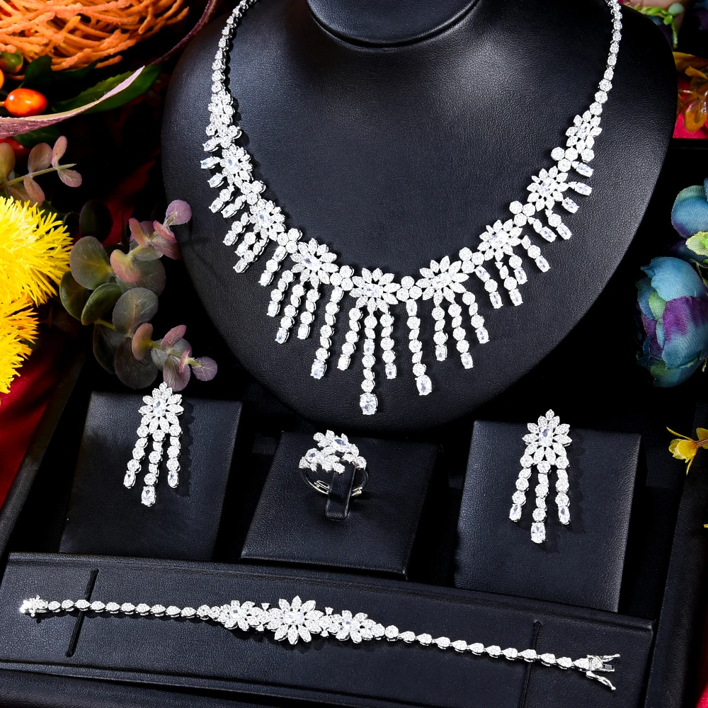 KellyBola 4pcs Luxury Zirconian Bride Wedding Party Necklace Jewelry Set Women Female Earrings Bangle Fashion Banquet Accessory