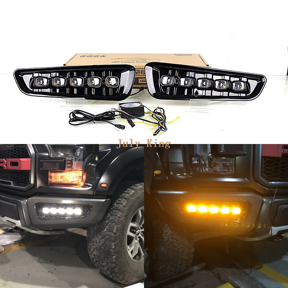 July King LED Daytime Running Lights Case for Ford F-150 Raptor 17-21, LED Front Bumper White DRL With Yellow Turn Signals, 1:1