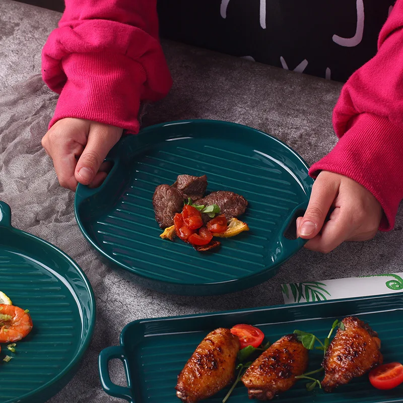 Set Piring Dapur Rumah Kreatif Nordik Peralatan Makan Keramik Peralatan Makan Malam Piring Dalam Memasak Hijau Tua Piring Bulat