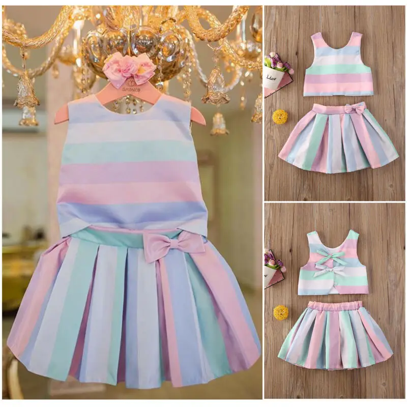 Cute Toddler Infant Baby Girl Clothes Set Rainbow Striped Sleeveless Vest Tops Tutu Princess Skirts Party Outfits Summer Suits