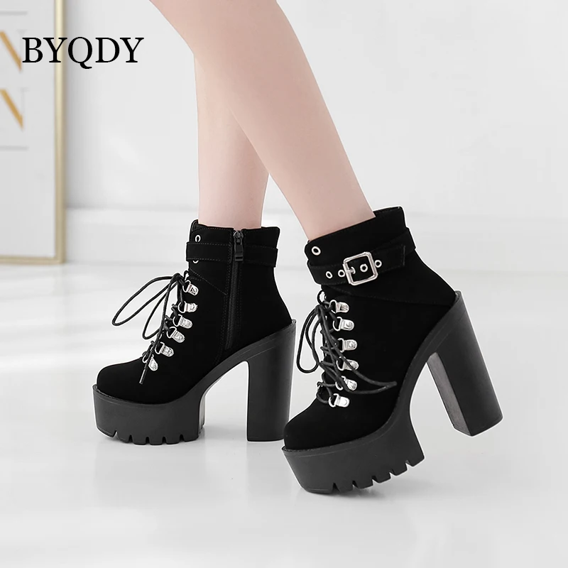 

BYQDY Winter Motorcycle Wedge Heels Boots Women High Heel Platform Suede Shoes Lace Up Black Ankle Booties Plus Size 42