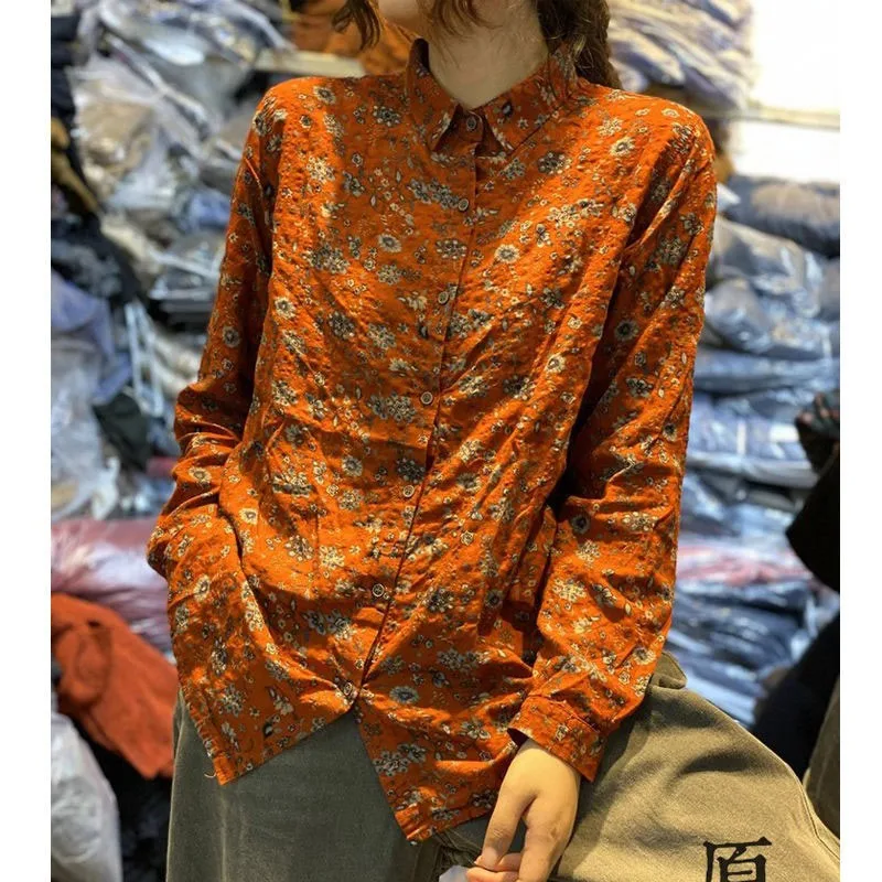 2022 Spring Autumn Arts Style Women Long Sleeve Loose Shirts Vintage Print cotton linen Turn-down Collar Blouse Tops V68