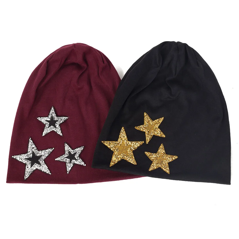 Geebro Women Slouchy Fashion Beanies Rhinestones Shining Star Soft Cotton Solid Color Womens Girls Hat Bonnet Femme Cap