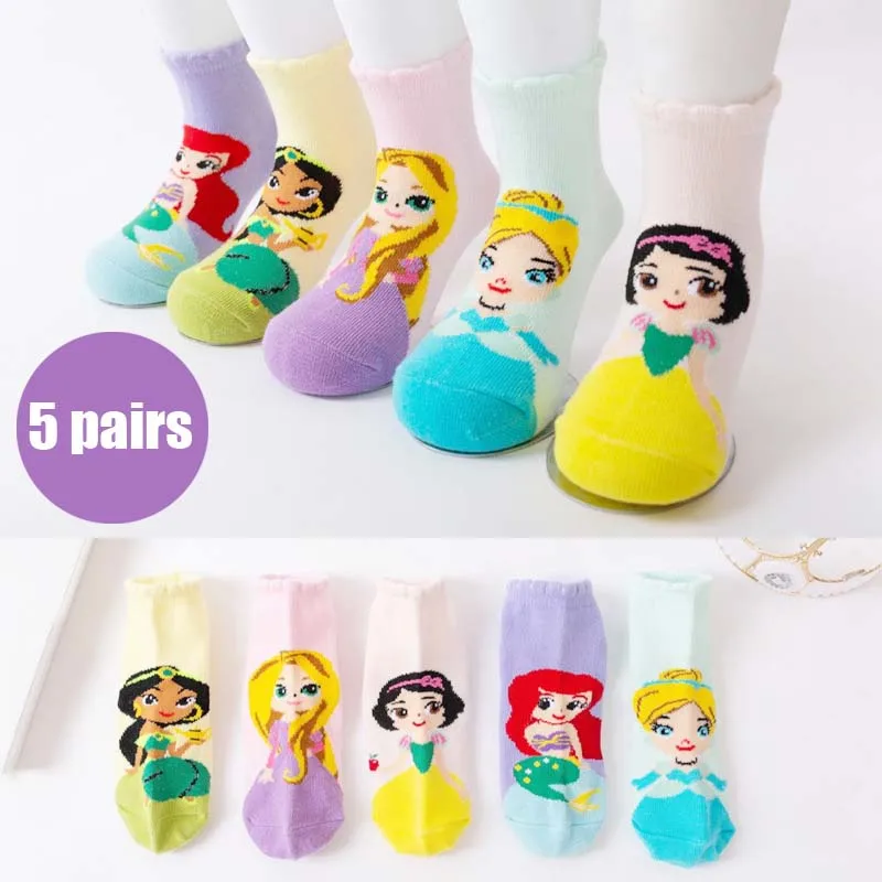 Disney-Meias de desenhos animados para bebê, branca de neve, sereia, algodão infantil, engraçado, fofo, princesa, 1 a 12 anos, 5 pares