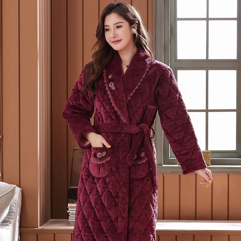 المرجان الصوف الإناث bathrobe سميكة 3 طبقات مبطن الفانيلا bathrobe الشتاء الخريف رشاقته تيري النساء رداء طويل كيمونو الصينية