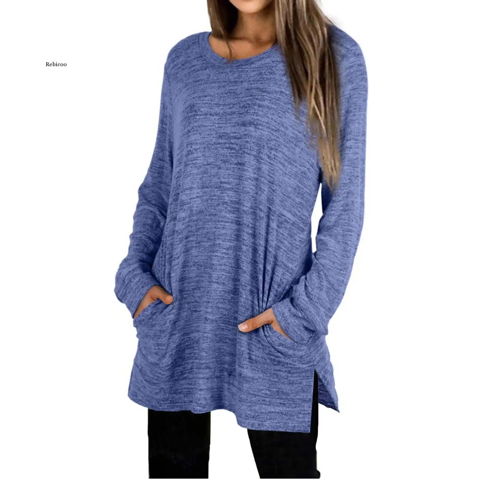 Pocket Solid Color Long t Shirt for Women Fashion Casual O-Neck Long Sleeve Long Tops T-Shirts Pure Color Ladies Tunic