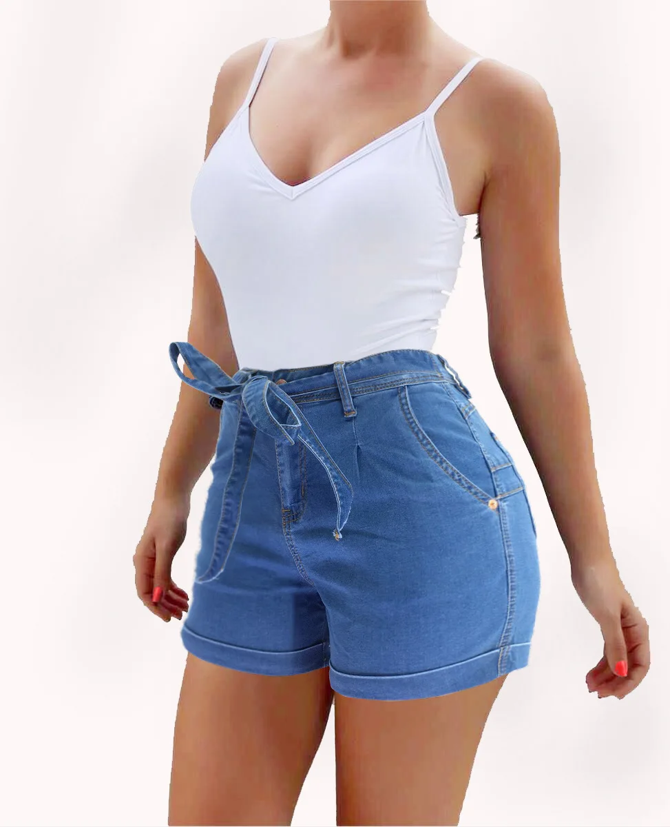 2022 Spring/Summer New Women's Lace-up Denim Shorts Fashion High Stretch Slim Hemming Jeans Shorts Casual Clothes S-2XL