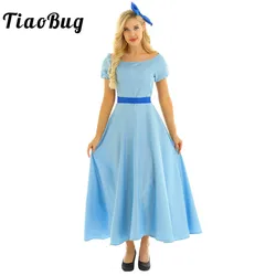Halloween Wendy Cosplay Costume Women Short Puff Sleeves Princess Fancy Dress Up Carnival Party Maxi Dress with Headwear