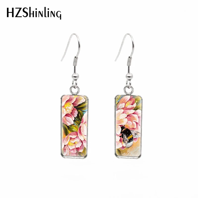 2021 New Bee on Daisies Rectangular Earring Honey Bee Fish Hook Earrings Glass Cabochon Handmade Jewelry