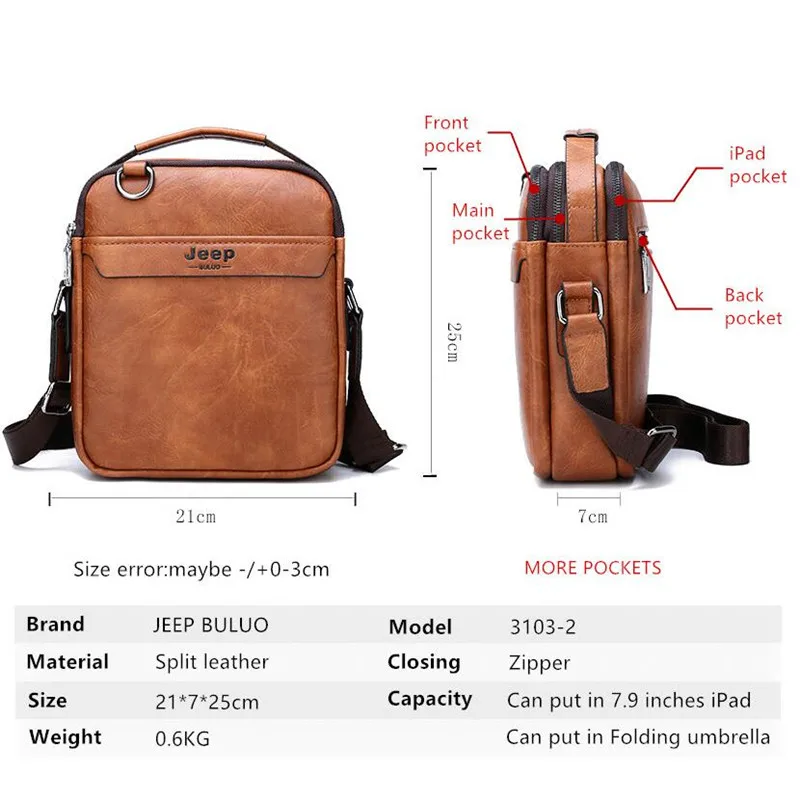 JEEP BULUO Brand Handbag Men Messenger Bags Splite Leather 2pc set Crossbody Business bag For iPad mini MaleShoulder Bag