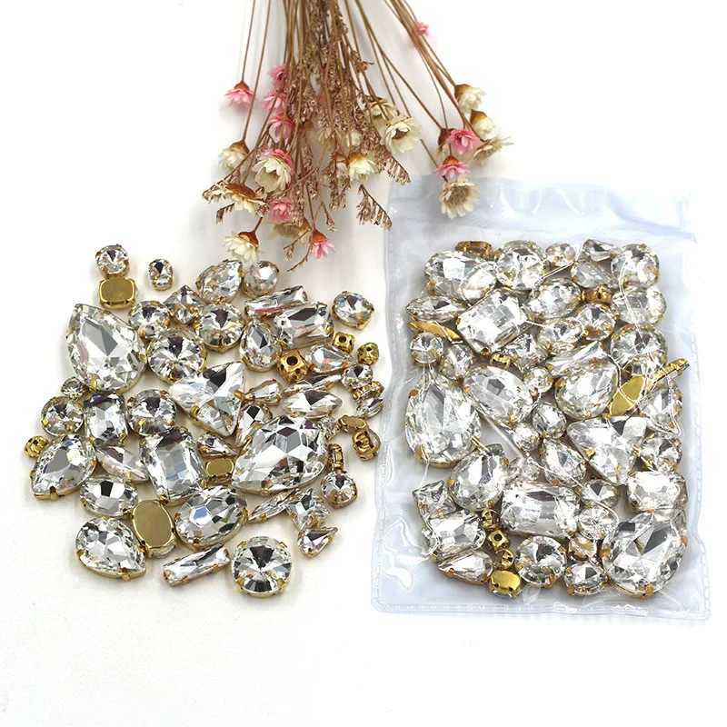 Free shipping 50pcs/bag mixed shape crystal glass rhinestones White faltback sew on gold base, diy clothing accessories