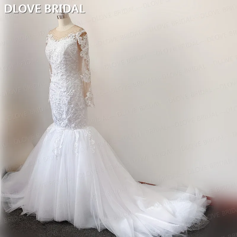 

Elegant Pearl Beaded Mermaid Wedding Dress Bridal Gown with Long Sleeves Factory Real Photo