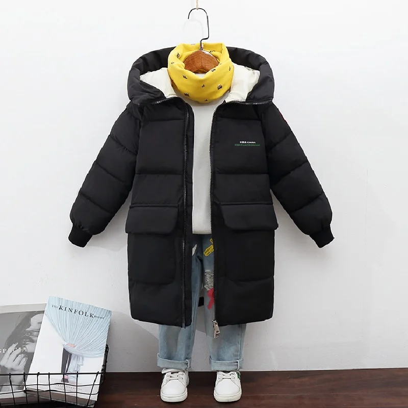 Fshion Smiley Children\'s coat boys cotton coat winter Hooded thickened long coat to keep warm big Boys padded jacket  4-14yrs