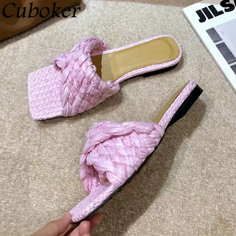 Designer Women Flat Slippers Braid Fold Square Toe Mules Platform Summer Slides Runway Vacation Beach 2021 Causal Sandals Woman