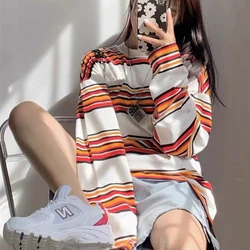 2022 Spring New Candy Striped Long Sleeve Women T Shirt Harajuku Fashion Casual Oversized Sweet Couple Clothes Pulover Top White