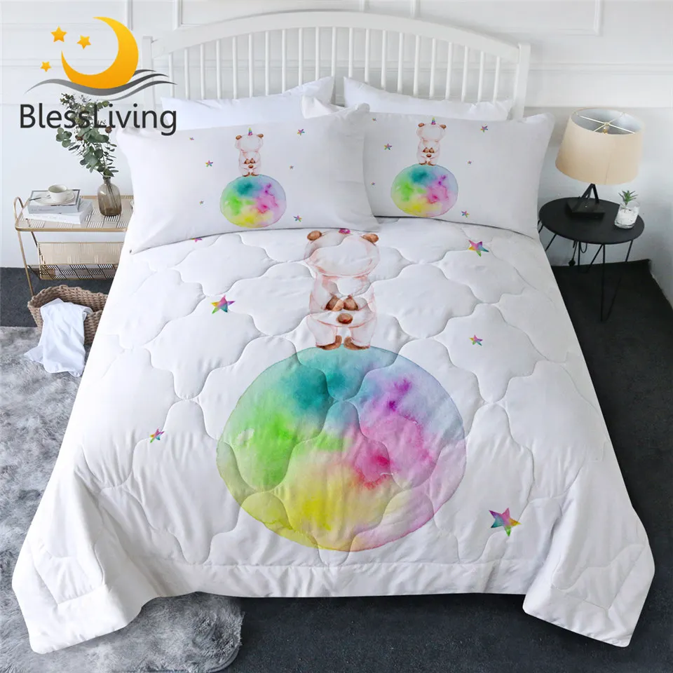 

BlessLiving Unicorn Bear Quilt Set 3D Printed Planet Summer Bedspread Watercolor Thin Duvet Cute Colorful Comforter Dropship