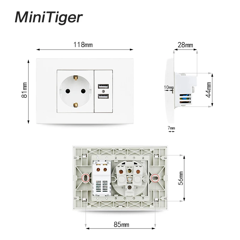 Minitiger Wall USB Socket Plug Grounded 16A EU Standard Outlet With 1000mA Dual USB Socket Charger Port for Mobile 118mm*80mm