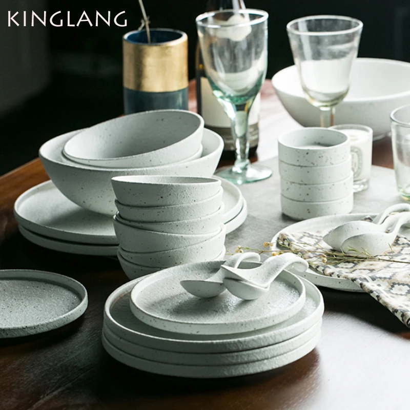 

KINGLANG 1/2/4/6 Person Dinner Set Ceramic Dinnerware Matt Dinner Plate Rice Soup Bowl Sauce Dish Restaurant Tableware Wholesale