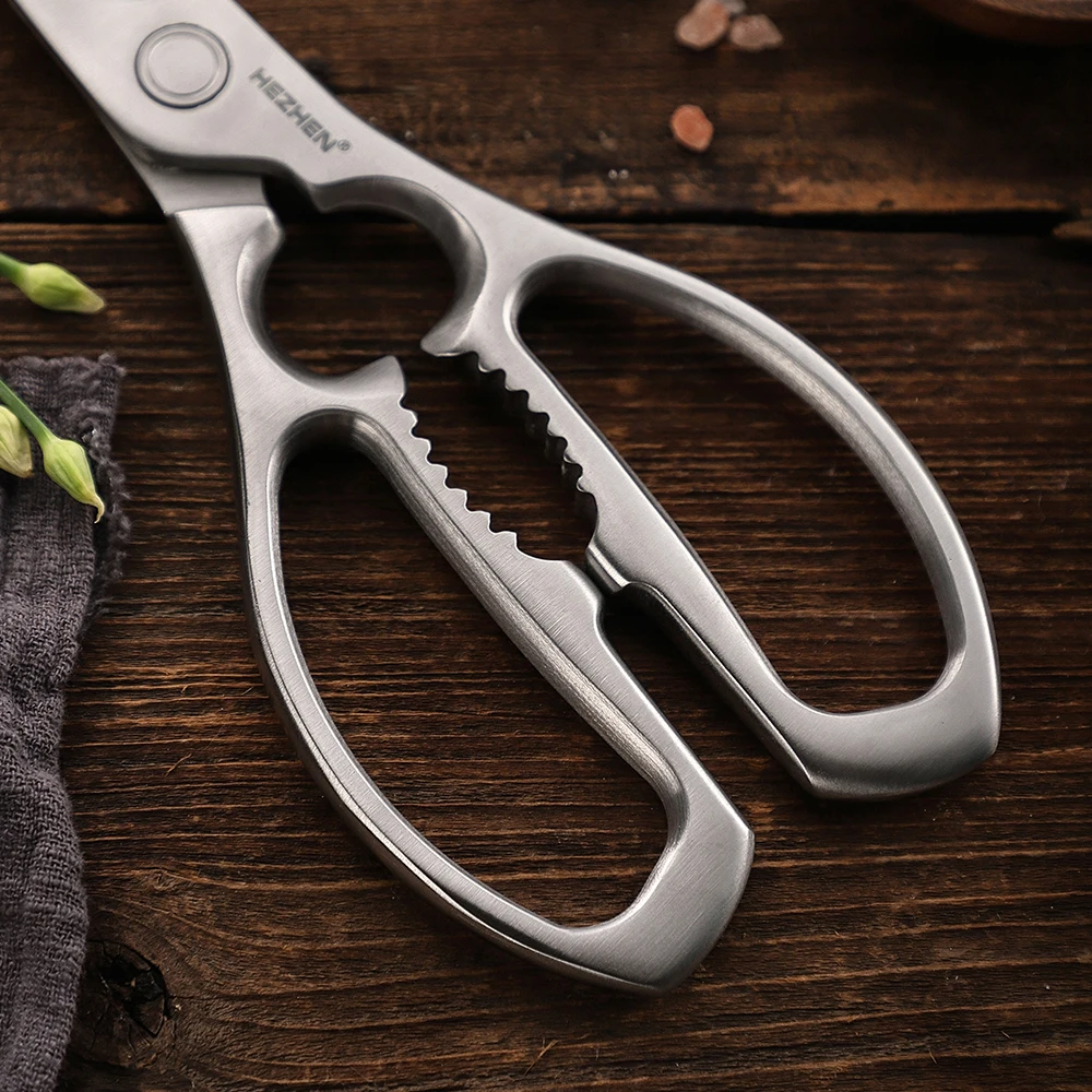 HEZHEN Stainless Steel Kitchen Scissors Walnut Powerful multifunctional kitchen scissors Crack walnuts Scraping fruit and vegeta