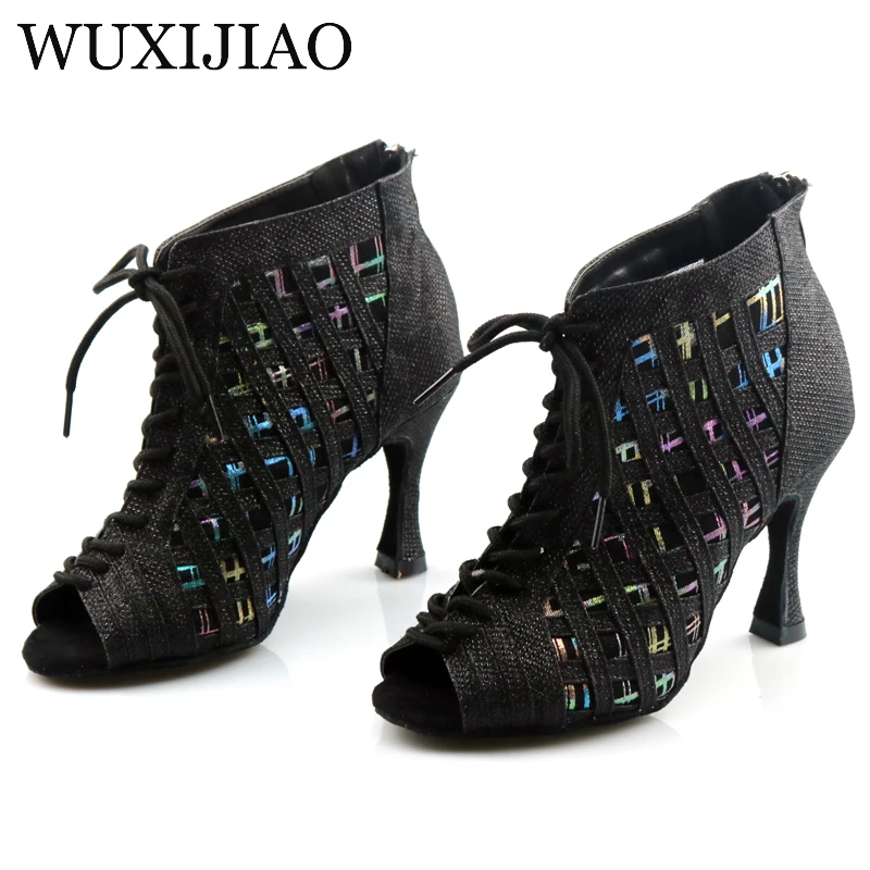 WUXIJIAO Latin dance high boots shoes soft sole shoes salsa ballroom ladies mesh dance shoes Cuba high heels  9CM