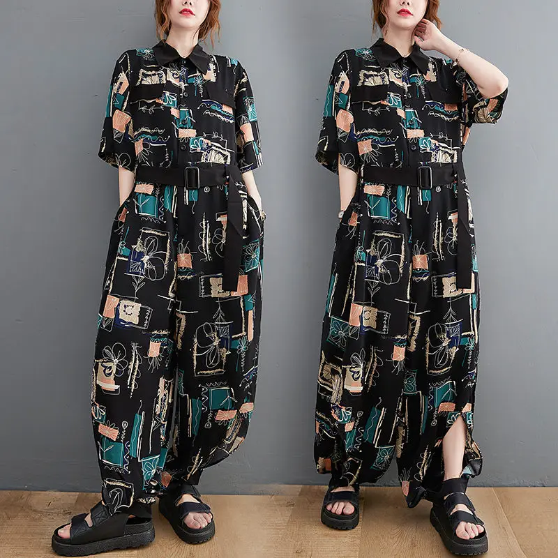 

Large Size Loose Retro Print Jumpsuits Women 2021 Temperament High-End Trousers Leg Slit Design Shirt Overall One Piece M123