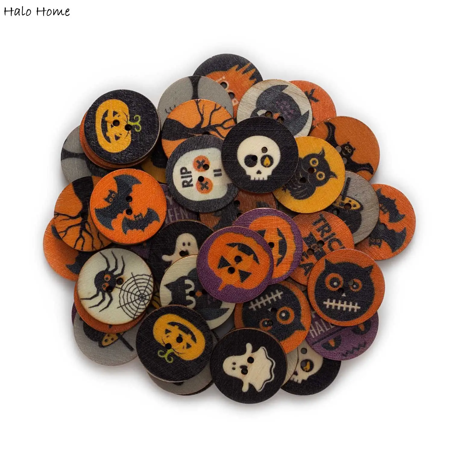 50pcs Round Funny Cartoon Halloween Theme Wood Buttons Sewing Scrapbooking Clothing Crafts Handmade Home Decor Accessories 25mm