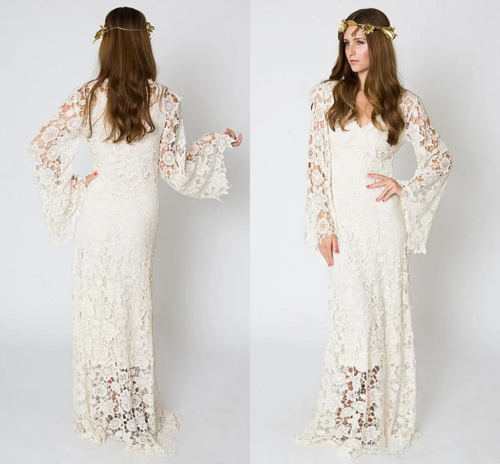 Vintage Bohemian Wedding Gown long sleve lace Crochet Ivory or White Hippie Wedding Dress Boho Embroidered Maxi Lace Dress