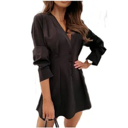 Chemisier à simple boutonnage pour femmes, élégant, col en v, couleur unie, longue chemise de bureau, mode Femme, grande taille, chemisier décontracté, automne S-2XL