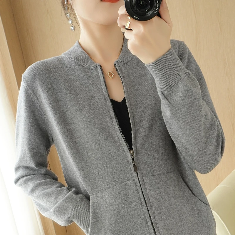 Zipper Cashmere Sweater Cardigan Women Stand-Up Collar Loose  Solid Knit Sweater Jacket Female Tops Autumn Red