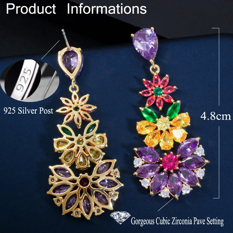 Pera Elegant Red Yellow Purple Cubic Zircon Gold Plated Long Big Flower Drop Dangle Earrings for Women Party Accessories E517