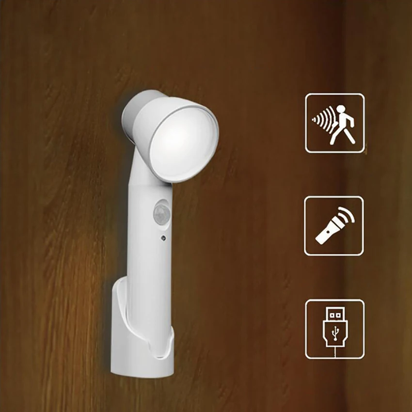 3-in-1 USB ricarica sensore di movimento luce notturna torcia ricaricabile, luce notturna di emergenza per armadi scala corridoio
